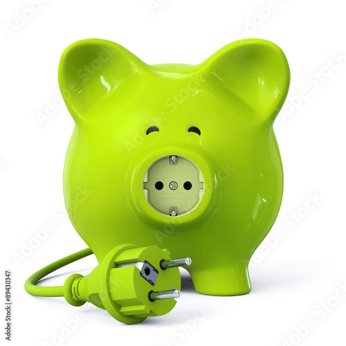 Green piggy bank with power outlet and power plug photo