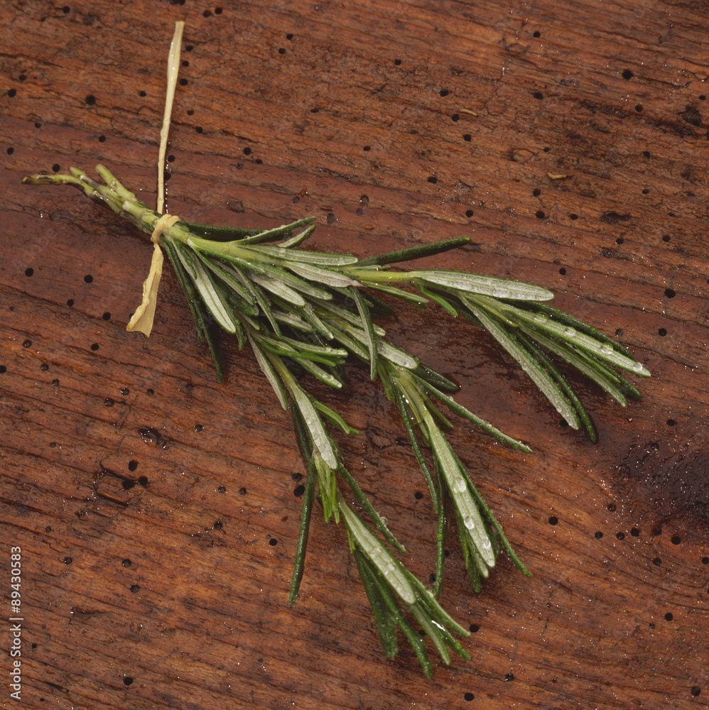 A bunch of rosemary with drops of water on wooden background