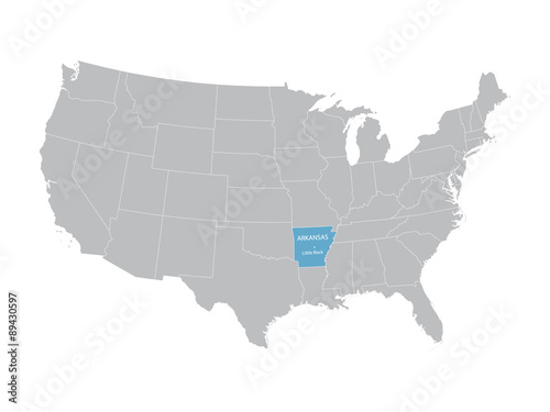 grey vector map of United States with indication of Arkansas