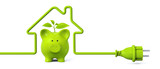 Green power plug - house with green piggy bank and plant