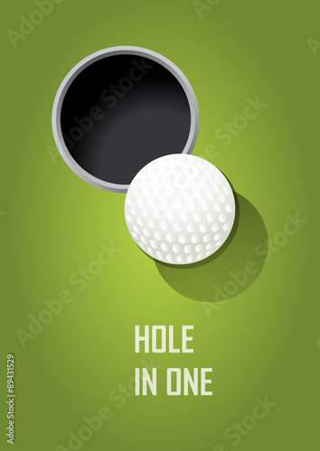 Golf poster. Postcard. Sport. Play now. Ball. Hole in one