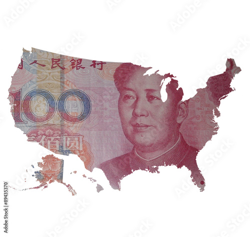 Capitalism and globalization. Map of the USA covered with 100 yuan bill. China is the largest US creditor in the world.
