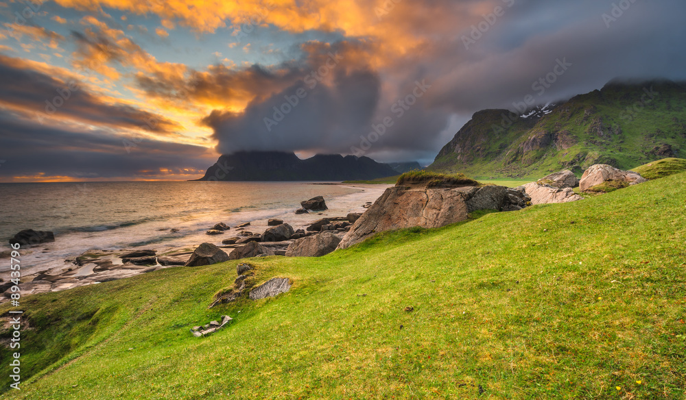 Dramatic sunset over Uttakleiv beach on Lofoten islands, Norway Dramatic sunset over Uttakleiv beach on Lofoten islands, Norway