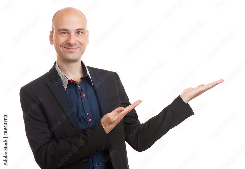 smiling bald man presenting your text or product smiling bald man presenting your text or product