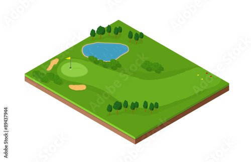 Map of Golf Hole - A vector image of an isometric golf course with putting green, bunker and fairway. Also with water and sand hazards. 