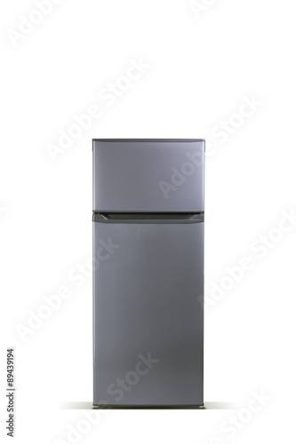 Grey refrigerator isolated on white.