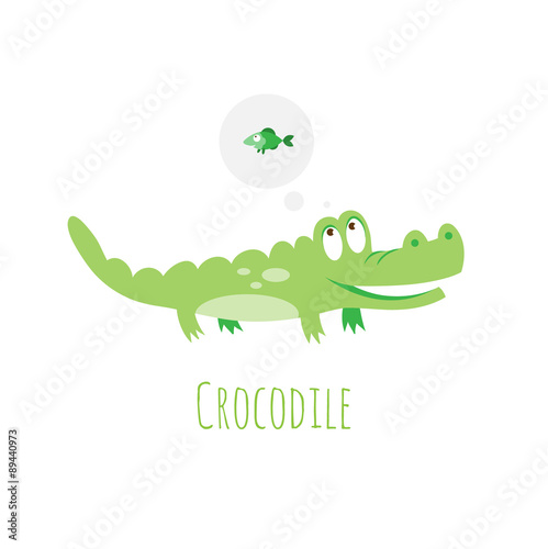 Children's vector card with cute cartoon crocodile thinking of tasty fish.