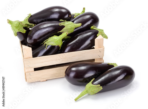 Eggplants (Solanum melongena) in wooden crate