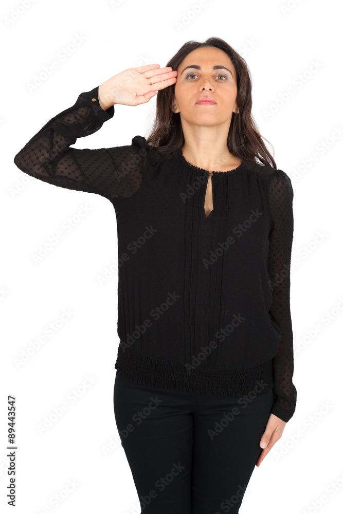 Beautiful woman doing different expressions in different sets of clothes: at attention Beautiful woman doing different expressions in different sets of clothes: at attention