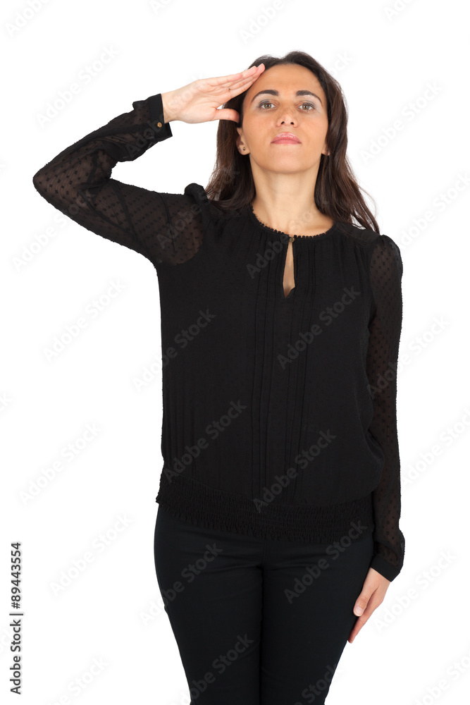 Beautiful woman doing different expressions in different sets of clothes: at attention
