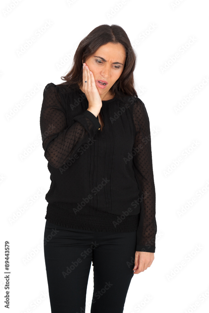 Beautiful woman doing different expressions in different sets of clothes: toothache Beautiful woman doing different expressions in different sets of clothes: toothache
