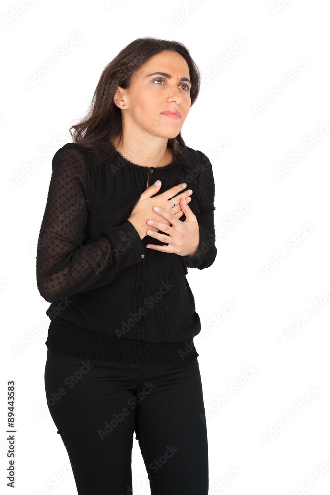 Beautiful woman doing different expressions in different sets of clothes: heart attack Beautiful woman doing different expressions in different sets of clothes: heart attack