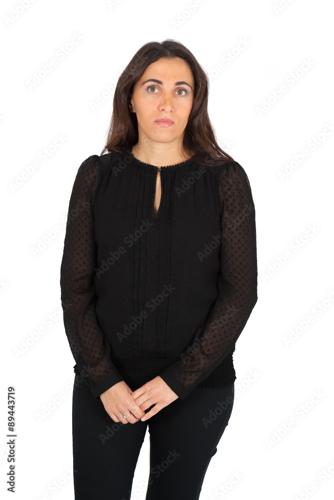Beautiful woman doing different expressions in different sets of clothes: worried Beautiful woman doing different expressions in different sets of clothes: worried