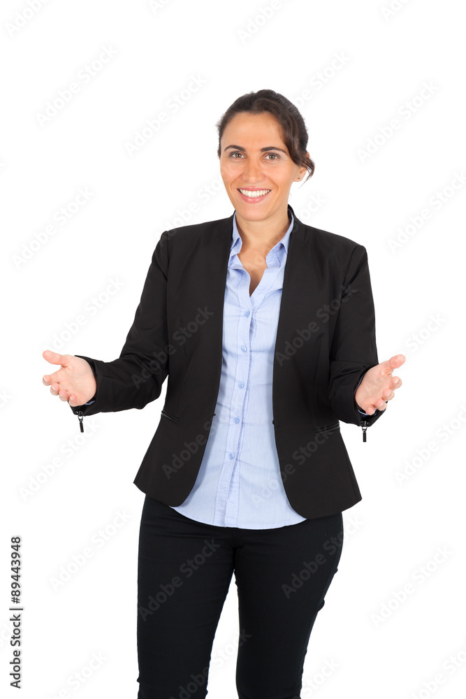 Beautiful woman doing different expressions in different sets of clothes: welcome Beautiful woman doing different expressions in different sets of clothes: welcome