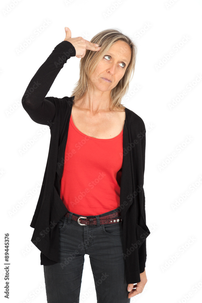 Beautiful woman doing different expressions in different sets of clothes: suicide Beautiful woman doing different expressions in different sets of clothes: suicide