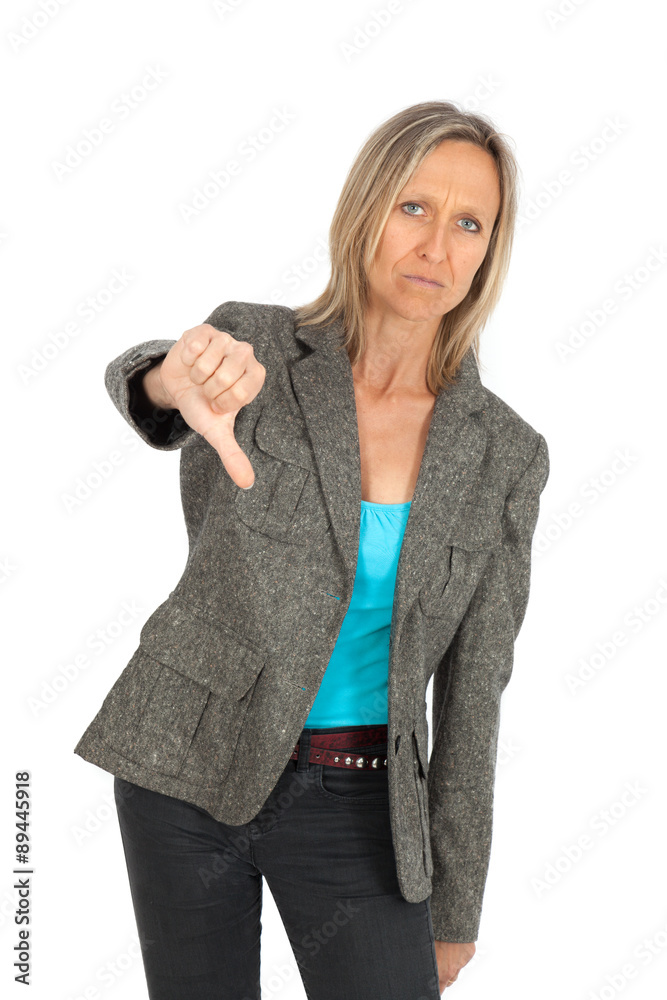 Fototapeta premium Beautiful woman doing different expressions in different sets of clothes: thumbs down