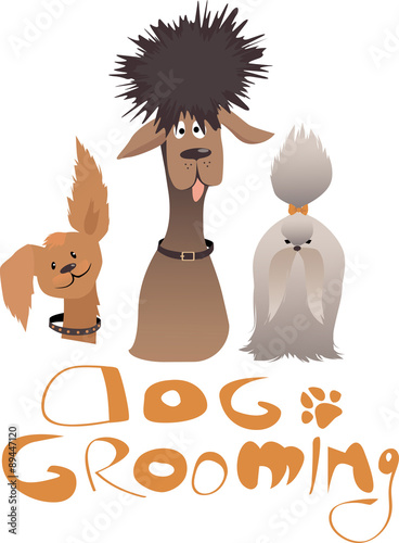 Dog grooming service illustration with three dogs of different breeds and original lettering, ESP 8 vector illustration, no transparencies