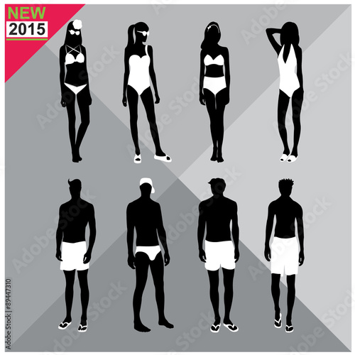 Beachwear / Swimwear swimsuits summer attire women men black silhouettes with white cloths on top,totally editable,set,collection