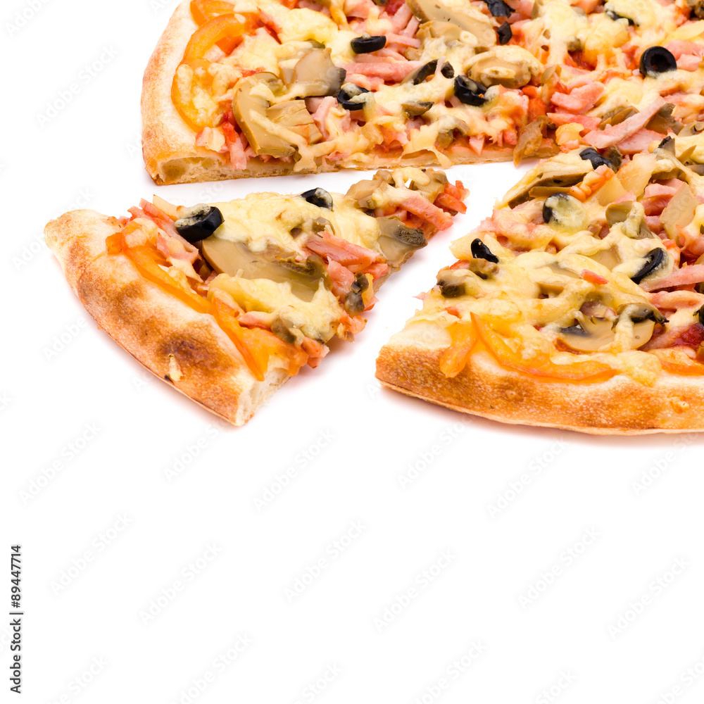 Pizza with cheese and ham isolated on white