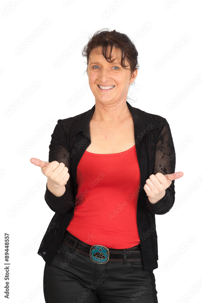 Beautiful woman doing different expressions in different sets of clothes: thumbs up Beautiful woman doing different expressions in different sets of clothes: thumbs up