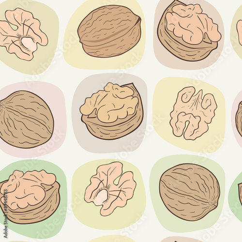 Shelled and whole walnuts. Vector seamless pattern, eps10.