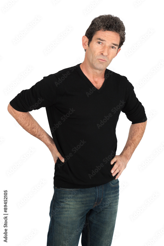 Handsome man doing different expressions in different sets of clothes: hands on hips Handsome man doing different expressions in different sets of clothes: hands on hips