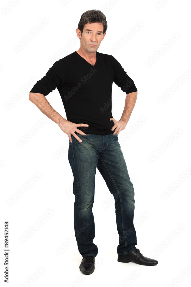 Handsome man doing different expressions in different sets of clothes: hands on hips