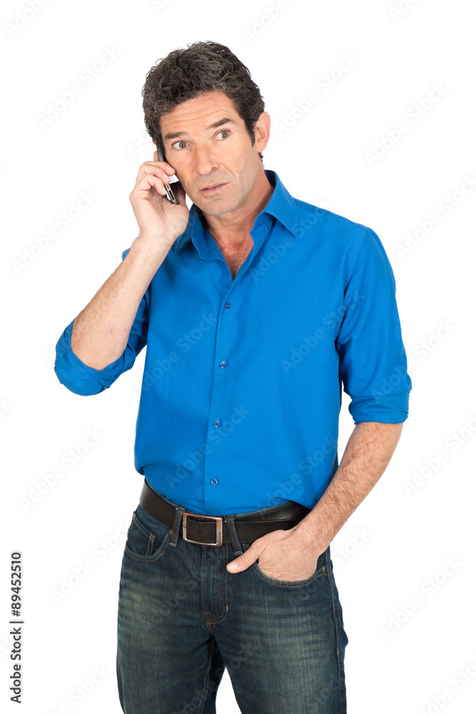Handsome man doing different expressions in different sets of clothes: phone Handsome man doing different expressions in different sets of clothes: phone