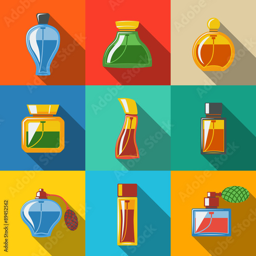 Perfume flat icons set  different shapes of bottles. vector