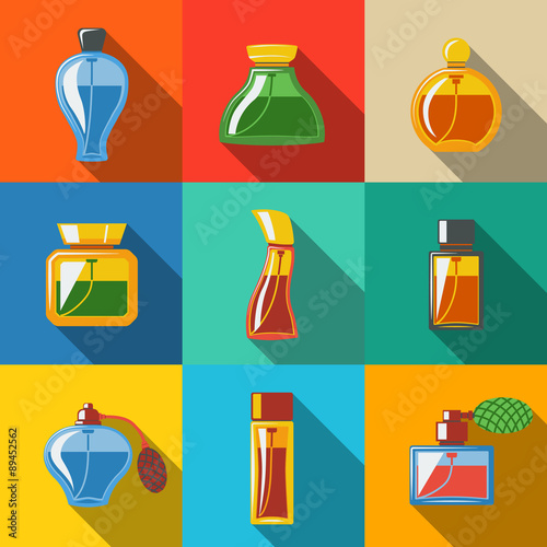 Perfume flat icons set, different shapes of bottles. vector