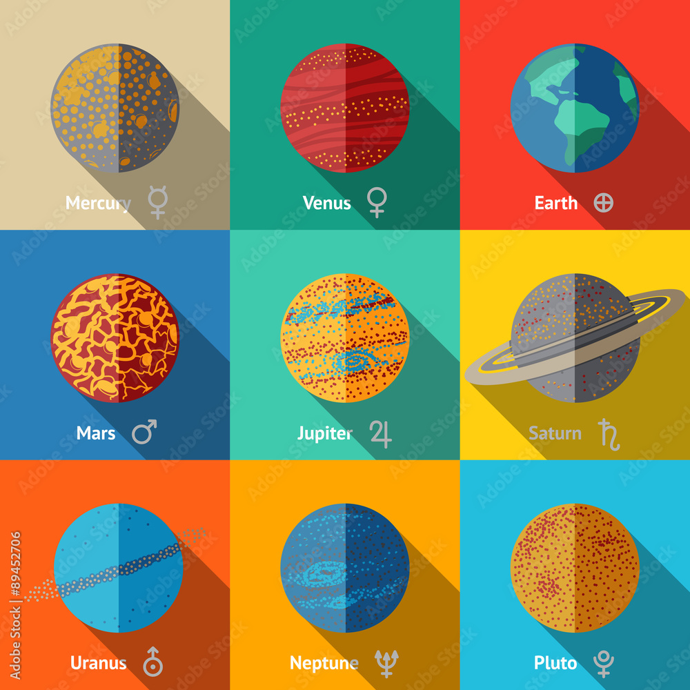 Fototapeta premium Flat icons set, planets with names and astronomical symbols -
