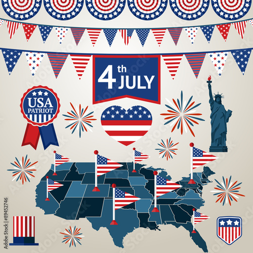 Fourth of july card with different signs and symbols. Vector