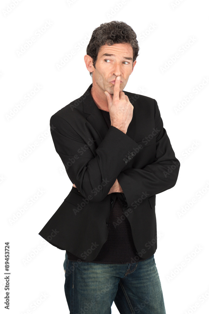 Handsome man doing different expressions in different sets of clothes: thinking Handsome man doing different expressions in different sets of clothes: thinking