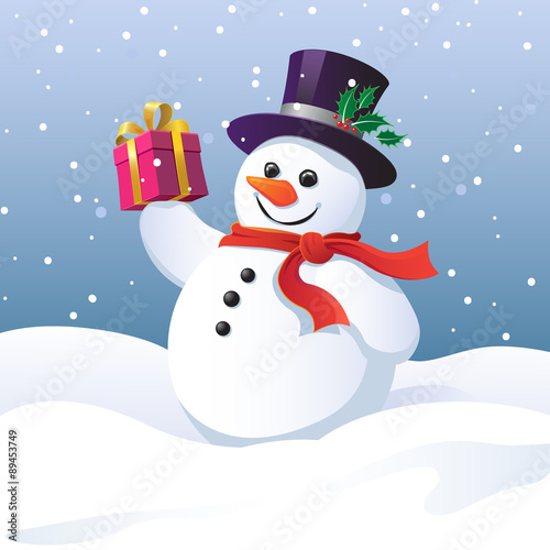 Snowman in a top hat holding a gift box