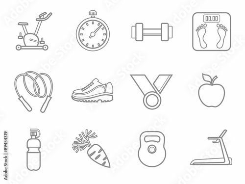 Icons, fitness, sports, gym, healthy eating, contour, line, monochrome. 