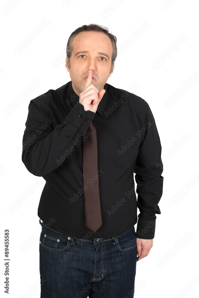 Handsome man doing different expressions in different sets of clothes: be quiet Handsome man doing different expressions in different sets of clothes: be quiet