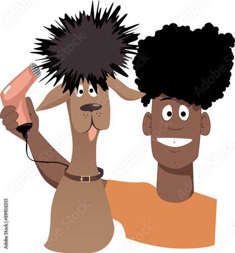 Portrait of a professional pet groomer with a funny god, looking like him, vector illustration, EPS 8