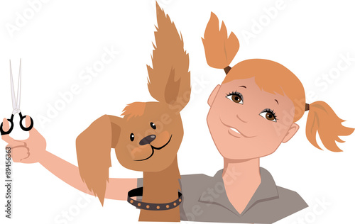 Portrait of a professional pet groomer with a cute god, looking like her, vector illustration, EPS 8