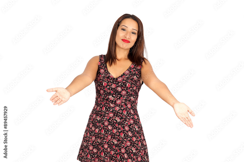 Beautiful woman doing different expressions in different sets of clothes: welcome Beautiful woman doing different expressions in different sets of clothes: welcome