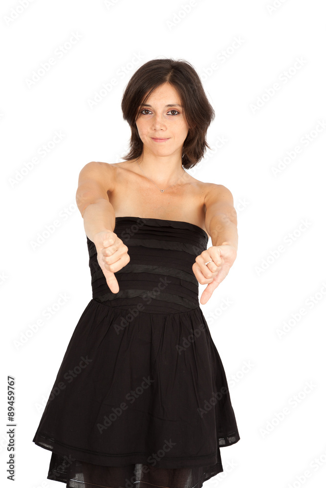 Beautiful woman doing different expressions in different sets of clothes: thumbs down Beautiful woman doing different expressions in different sets of clothes: thumbs down