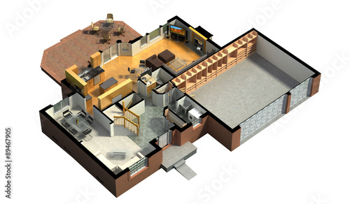 Fototapeta Naklejka Na Ścianę i Meble -  3D rendering of a furnished residential house, with the second floor, showing the staircase, bedrooms, bathrooms and walk-in closets and storage.