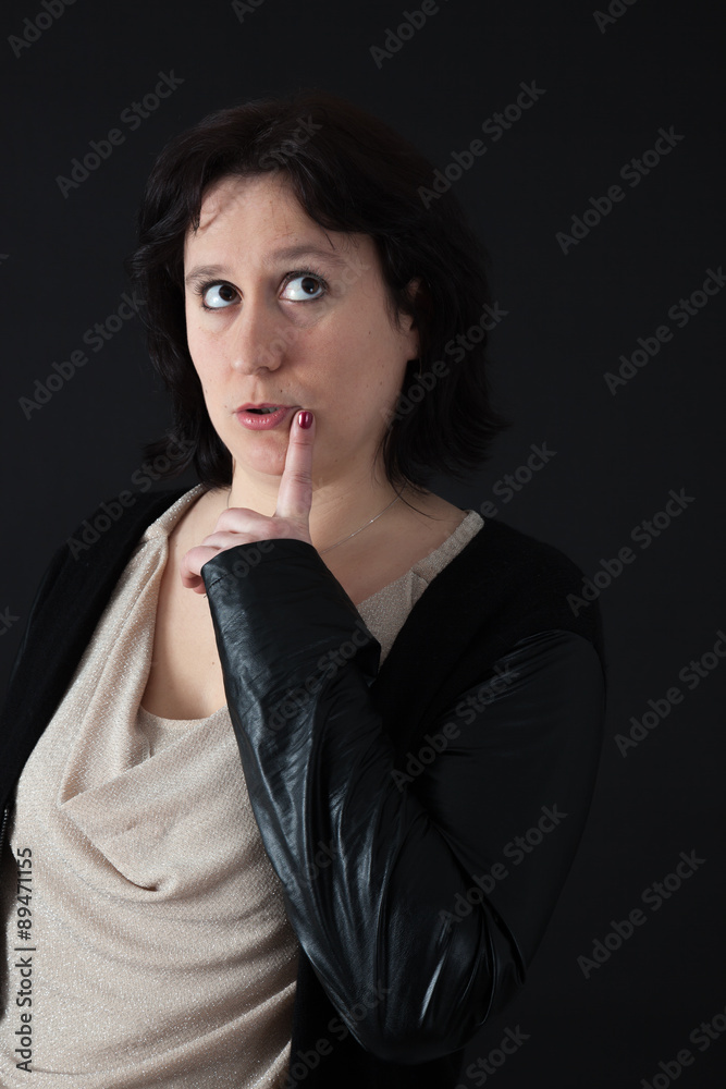 Beautiful woman doing different expressions in different sets of clothes: thinking Beautiful woman doing different expressions in different sets of clothes: thinking