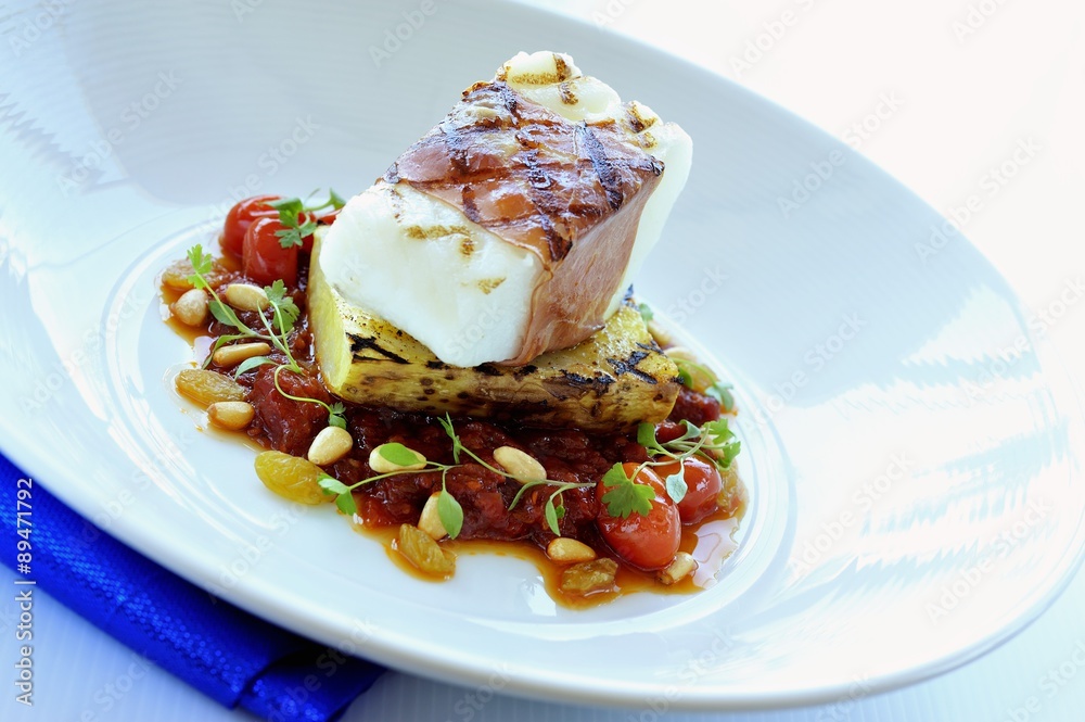 Fried sablefish, grilled potato and tomato ragout Fried sablefish, grilled potato and tomato ragout