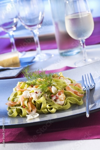 Green tagliatelle with salmon and Parmesan