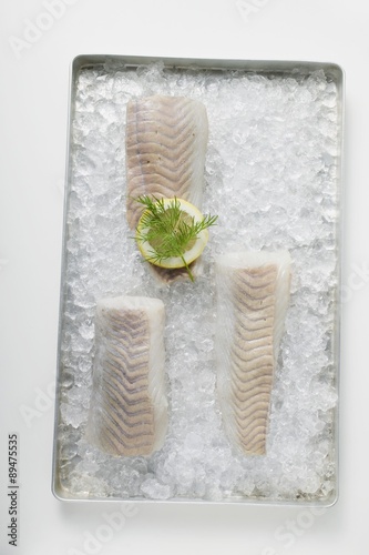 Three coley fillets on ice