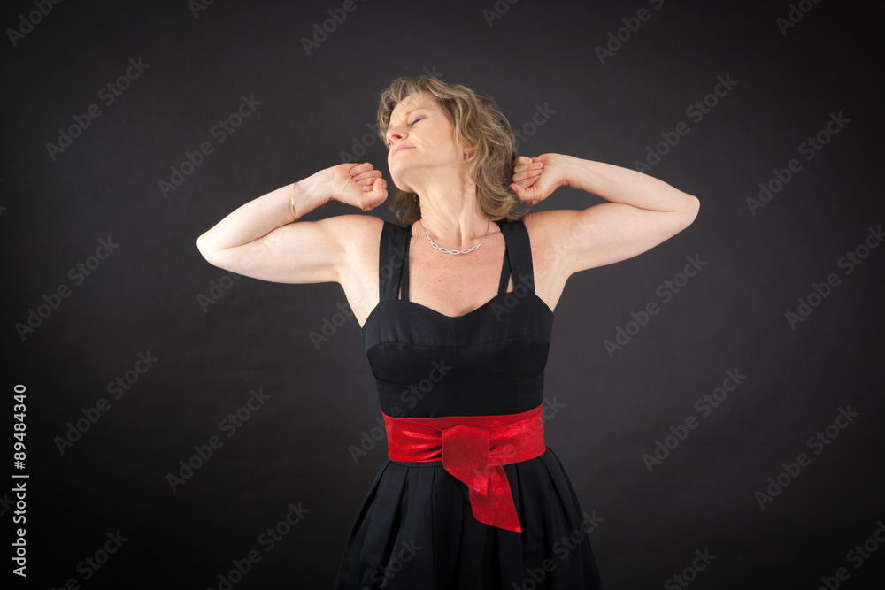 Beautiful woman doing different expressions in different sets of clothes: wake up Beautiful woman doing different expressions in different sets of clothes: wake up