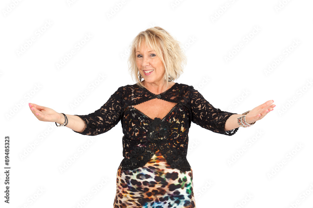 Beautiful woman doing different expressions in different sets of clothes: welcome Beautiful woman doing different expressions in different sets of clothes: welcome