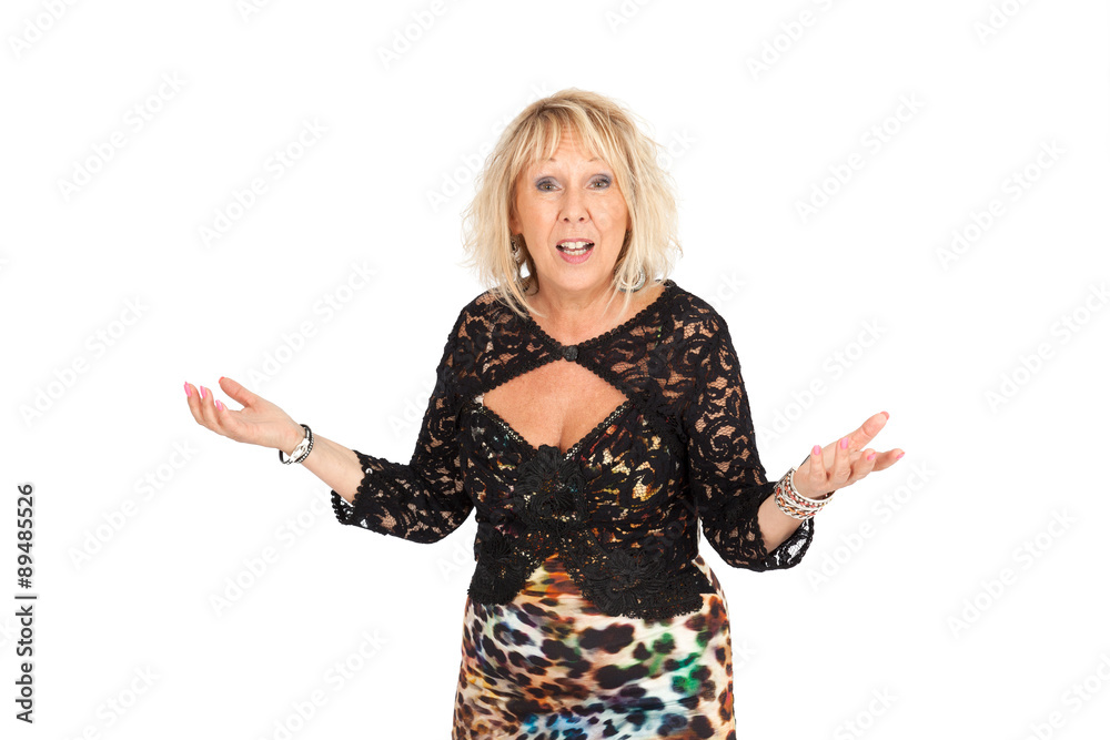Beautiful woman doing different expressions in different sets of clothes: good surprise