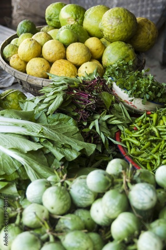 Vegetables, herbs and fruit at a market in Burma