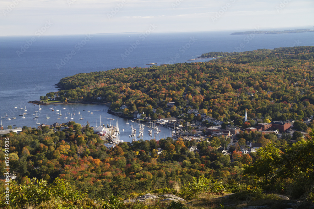 View of Camden with fall colors from Mount Battie.coastal Maine